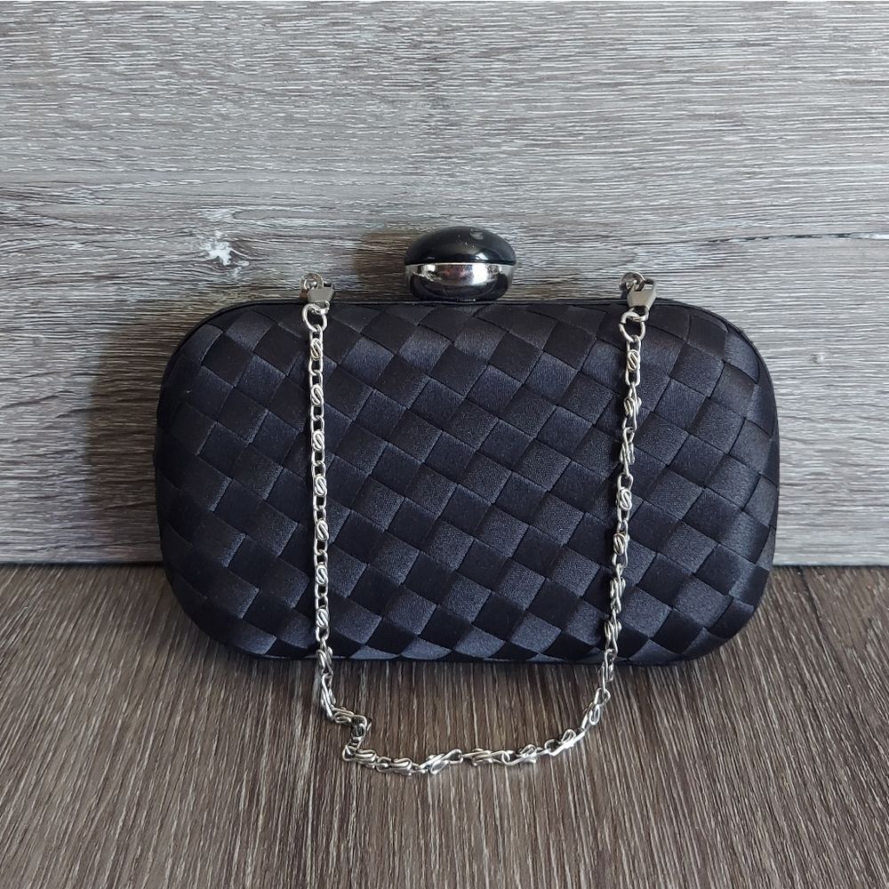 Kate Landry Elegant Black Woven Satin Clutch with Chain Strap